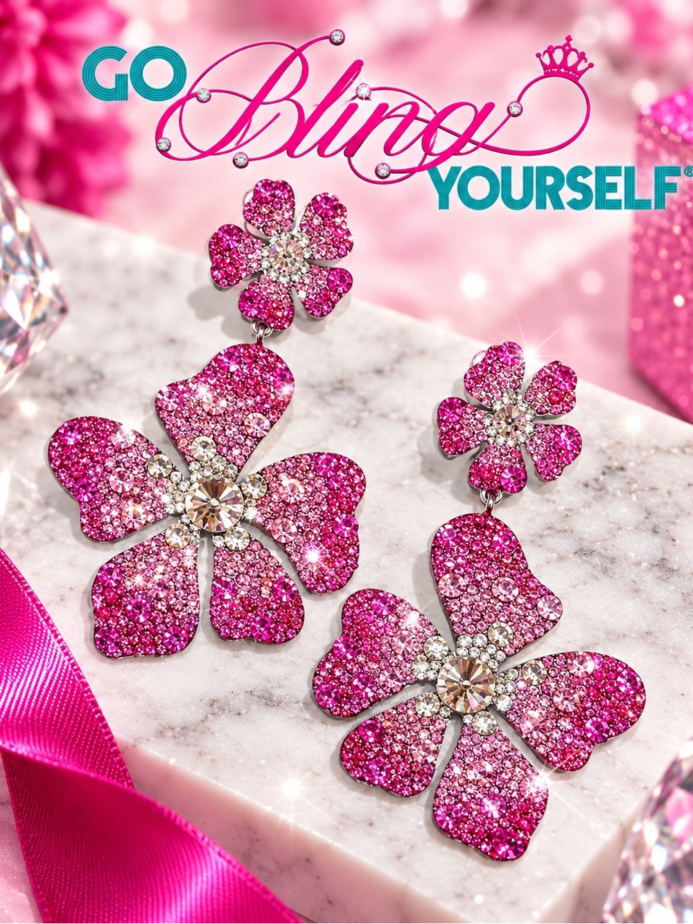 Sparkling Hot Pink Flower Drop Earrings